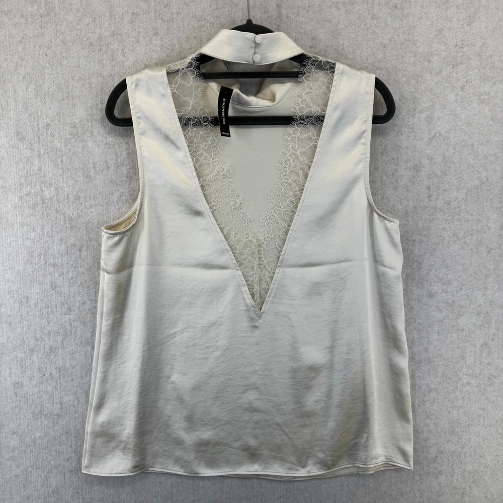 Express Womens Medium Champagne Satin Lace Trim Deep V Back Sleeveless Blouse